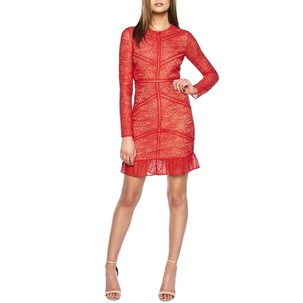 Bardot Sasha Red Lace Long Sleeve Ruffle Mini Cocktail Party Dress Size 10 / L